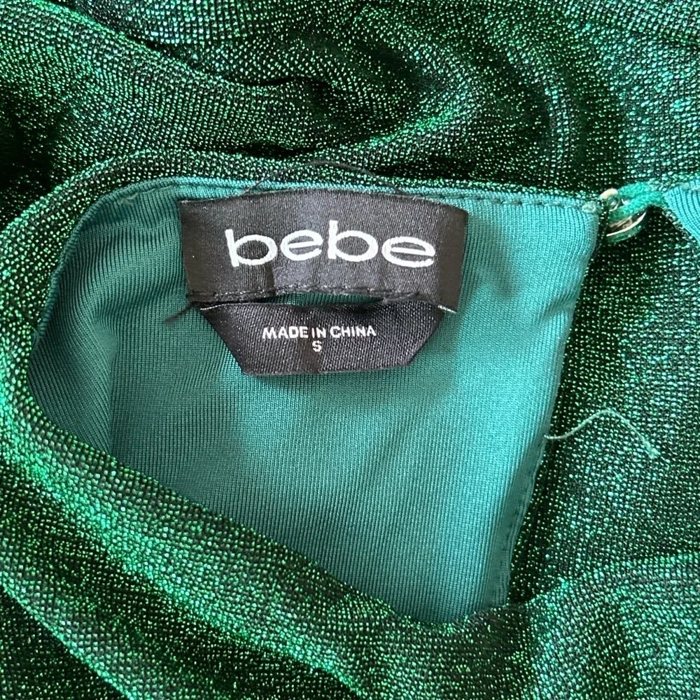 Bebe green long sleeve sparkly ruched mini dress women’s size small - Picture 9 of 12